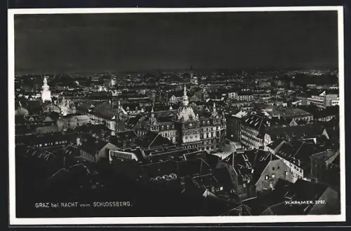 AK Graz, Teilansicht vom Schlossberg aus bei Nacht