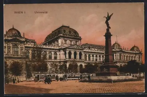 AK Wien, Universität mit Denkmal und Strassenbahn