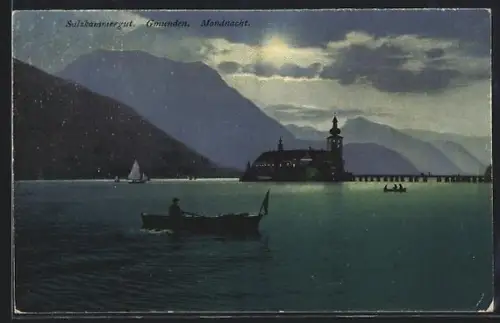 AK Gmunden, Salzkammergut, Schloss in einer Mondnacht