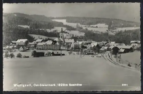 AK Wenigzell, Panorama mit Kirche im Winter