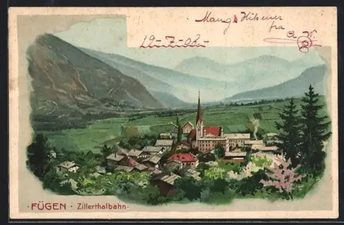Lithographie Fügen /Zillerthalbahn, Panorama mit Kirche und Bergen