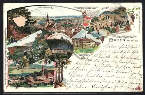Lithographie Baden bei Wien, Helenenthal, Weilburg, Curhaus und Heiligenkreuz