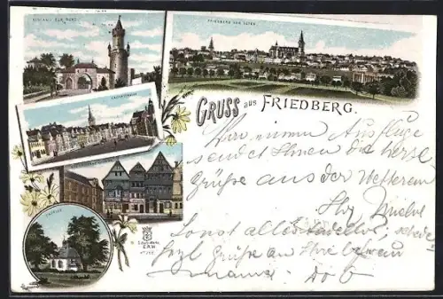 Lithographie Friedberg, Panorama, Stadttor mit Turm, Strasse mit Fachwerkhäusern