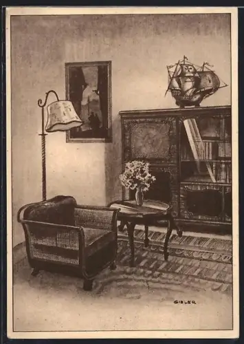 Künstler-AK Wien, Reklame der Fa. Edwin Grossmann, Spiegelgasse 13, Innenansicht mit Stilmöbeln