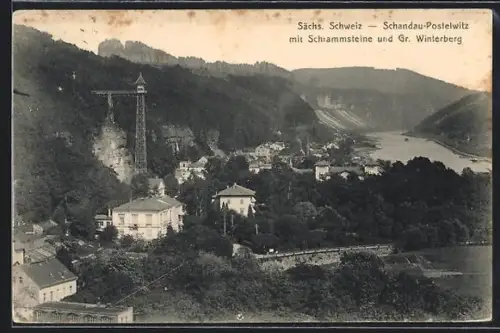 AK Bad Schandau, Panorama mit Postelwitz, Schrammsteine u. Gr. Winterberg
