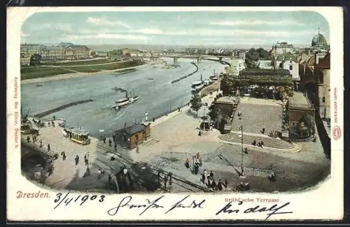 AK Dresden, Blick auf die Brühl'sche Terrasse mit Strassenbahn