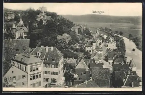 AK Tübingen, Totalansicht mit Flusspartie aus der Vogelschau