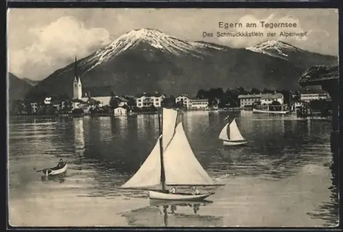 AK Egern am Tegernsee, Ortspanorama, Segelboote, Berge