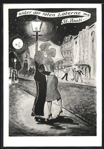 AK Hamburg-St.Pauli, Unter der roten Laterne, nächtliche Strassenszene, Liebespaar