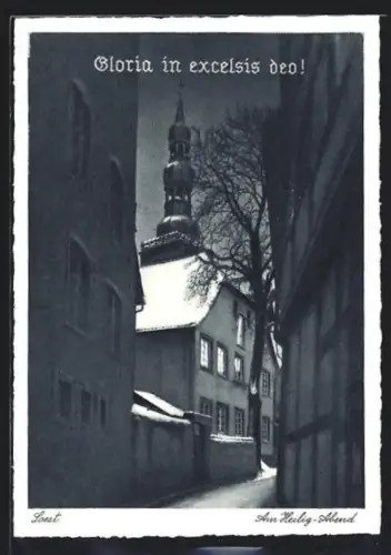 AK Soest, St. Peter am Heiligabend, verschneite Gasse, Kirchturm