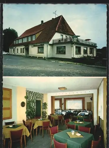 AK Düshorn /Hann., Landgasthof Düshorner Hof, Inh. Karl Wischmann, Aussenansicht, Gastraum