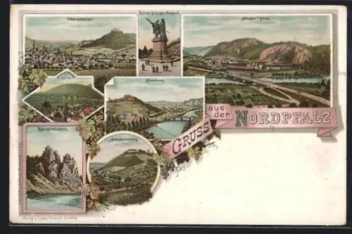 Lithographie Obermoschel, Münster a. Stein, Rheingrafenstein, Altenbaumburg, Hutten-Sickingen-Denkmal