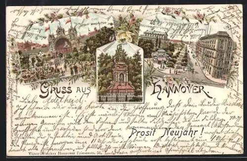 Lithographie Hannover, Tivoli, Georgstrasse, Krieger-Denkmal