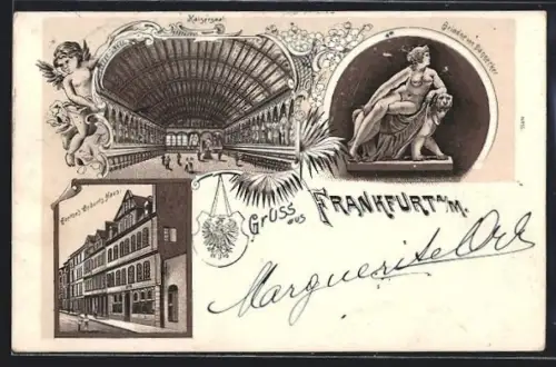 Lithographie Frankfurt a. M., Kaisersaal, Goethe`s Geburts-Haus, Ariadne von Dannecker