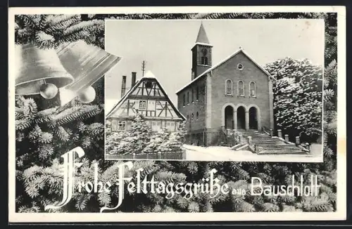 AK Bauschlott /Pforzheim, Kirche und Fachwerkhaus