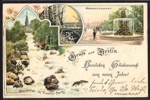 Lithographie Berlin, Wasserfall im Victoria-Park, Wrangelbrunnen
