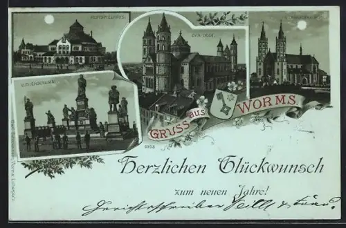 Mondschein-Lithographie Worms, Dom, Lutherdenkmal, Festspielhaus