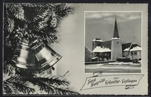 AK Erfweiler-Ehlingen, Blick zur Kirche im Winter, Tannenzweige mit Weihnachtsglocken