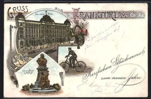 Lithographie Frankfurt a. M., Die neue Post, Kaiser-Büste im Posthof, Radfahrer