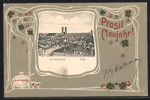 AK München, Totalansicht der Stadt in festlichem Passepartout