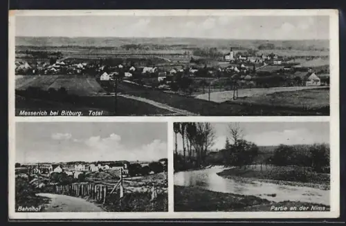 AK Messerich bei Bitburg, Totalansicht, Bahnhof, Partie an der Nims