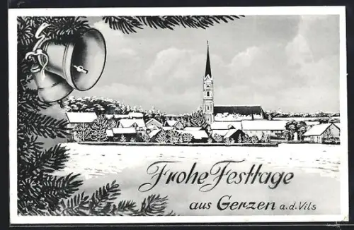 AK Gerzen a.d. Vils, Winteransicht mit Kirche und Weihnachtsglocken