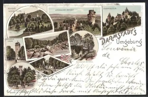 Lithographie Darmstadt, Schloss Heiligenberg, Auerbacher Schloss, Frankenstein, Felsenmeer, Aussichtsturm