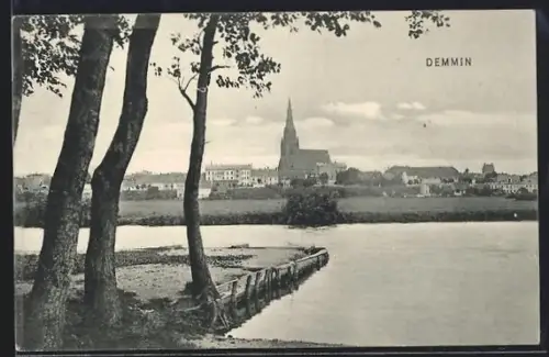 AK Demmin, Stadtansicht mit Kirche und Flussufer