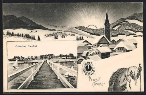 AK Niendorf, Seebrücke, Winterlandschaft, Kirche, Prosit Neujahr
