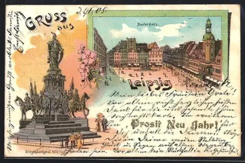 Lithographie Leipzig, Marktplatz, Siegesdenkmal 1871