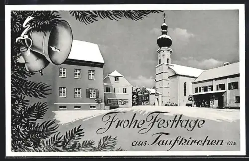 AK Taufkirchen /Vils, Kirche, verschneiter Ortsplatz
