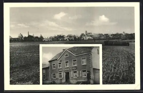 AK Eschfeld /Eifel, Kaufhaus und Gasthaus P. Relles, Panoramablick auf den Ort