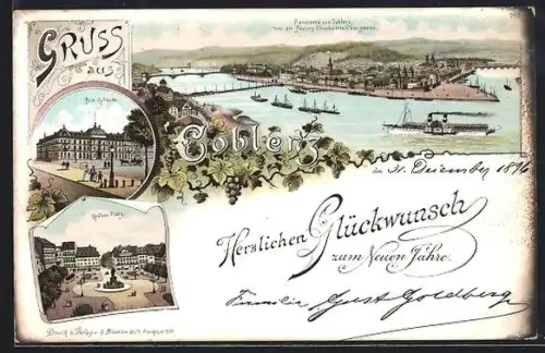 Lithographie Koblenz, Panorama, Bahnhof, Kaiserplatz