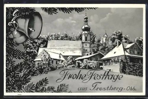 AK Trostberg /Obb., Verschneite Ortsansicht mit Kirche und Häusern