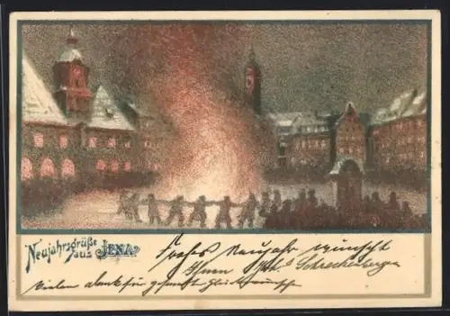 AK Jena, Winterlicher Marktplatz mit Neujahrsfeuer und Menschenkette