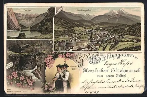 Lithographie Berchtesgaden, Ortsansicht, Obersee, Ramsauer Brücke
