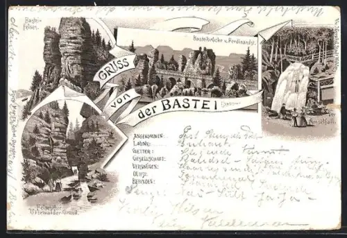 Lithographie Bastei, Basteibrücke, Felsen, Aussichtspunkt, Uttewalder Grund, Amselfall