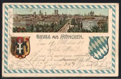 Lithographie München, Stadtpanorama, Münchner Kindl, bayerisches Wappen