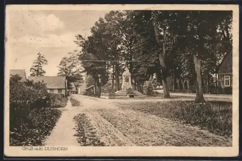 AK Düshorn, Dorfstrasse mit Denkmal
