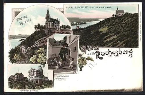 Lithographie Rochusberg, Rochus Kapelle, Rochus Kapelle vor dem Brande, Hotel Rochusberg