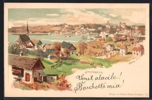 Lithographie Starnberg, Ortsansicht mit Kirche und See