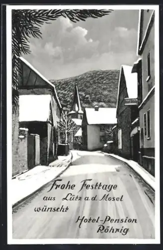 AK Lütz a. d. Mosel, Verschneite Strasse im Ort