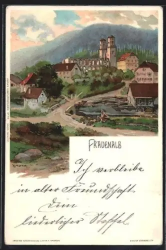 Lithographie Frauenalb, Ortsansicht mit Bergpanorama