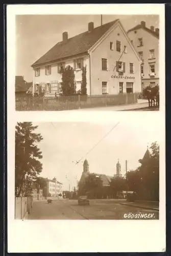 Foto-AK Göggingen, Edeka-Laden, Strassenansicht mit Kirche
