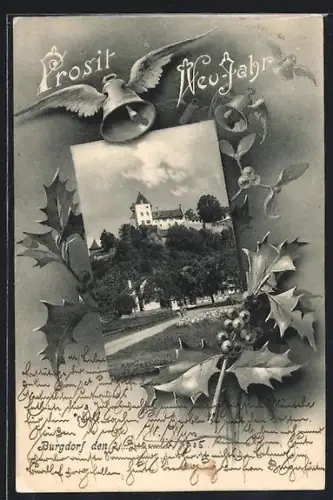 AK Burgdorf, Ortsansicht mit Stechpalmenzweigen und Glocke