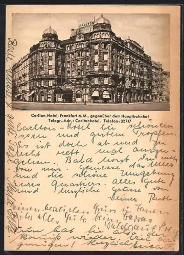 AK Frankfurt a. M., Carlton Hotel gegenüber dem Hauptbahnhof