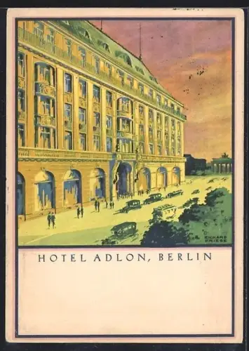Künstler-AK Berlin, Hotel Adlon, Autos