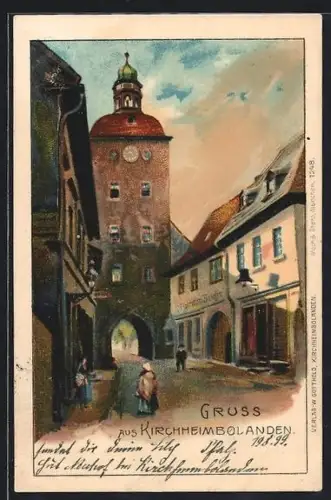 Lithographie Kirchheimbolanden, Strassenpartie m. Glockenturm