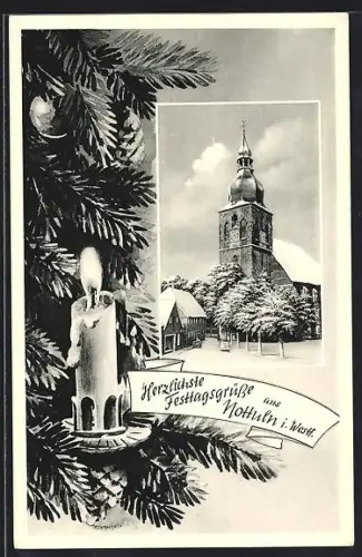 AK Nottuln i. Westf., Kirche im schneebedeckten Ort, Kerze im Passepartout