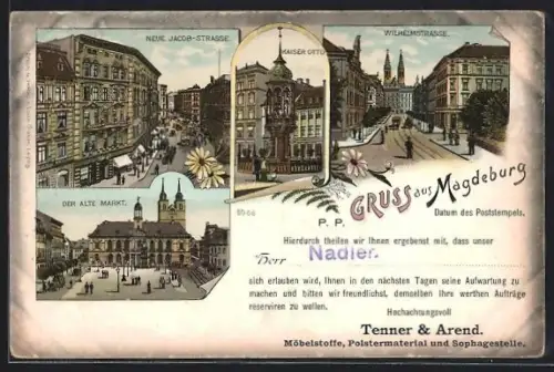Lithographie Magdeburg, Neue Jacob-Strasse, Kaiser Otto, Wilhelmstrasse & Alter Markt